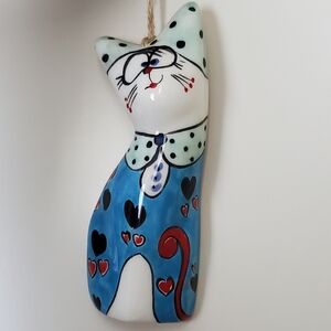 Vintage Iznik Hand-Painted Ceramic Cat, Wall Hanging, 5.5", Signed, Turkish,EUC
